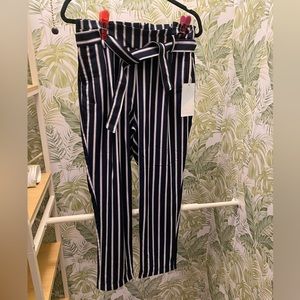 Navy and white vertical striped pants. Zips on side and cute belt.